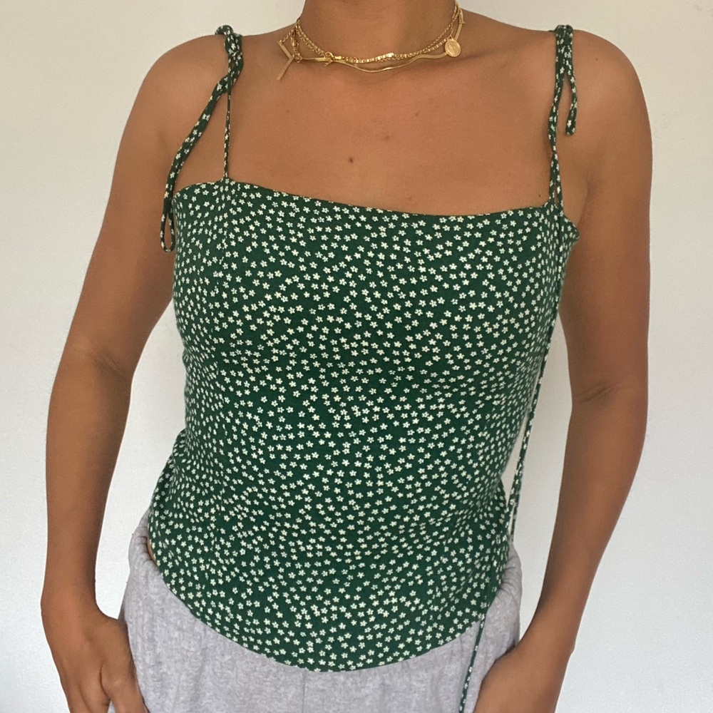 Reformation Green Daisy Print Tie-Strap Tank Top